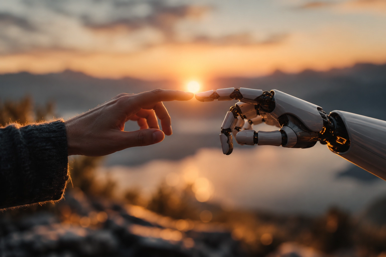 A human hand and a robotic hand reaching toward each other over a lake at sunset, fingertips almost touching with the sun between them