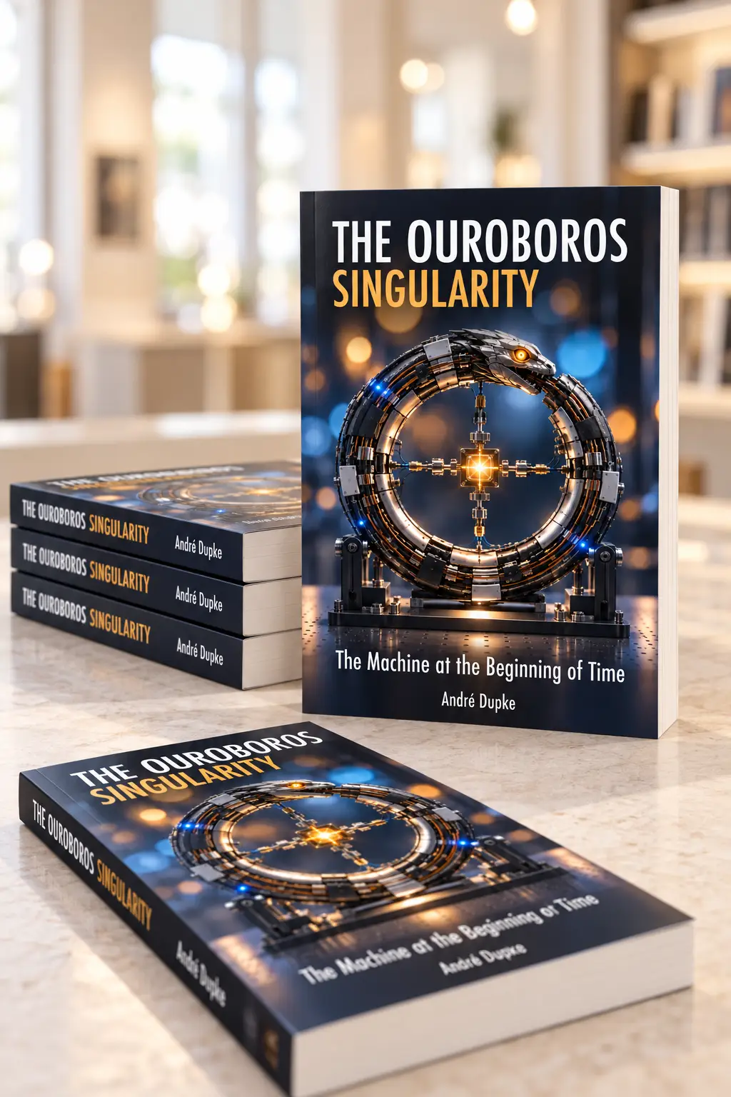 Copies of the softcover edition of The Ouroboros Singularity on a sunlit marble counter, one standing upright with the gold ouroboros on its cover facing forward