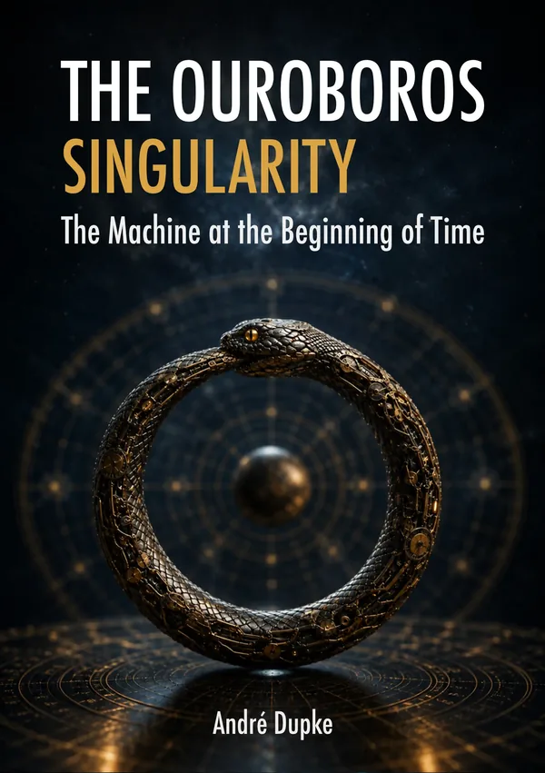 Cover: The Ouroboros Singularity, The Machine at the Beginning of Time, by André Dupke. A mechanical ouroboros of black scales and brass gearwork encircling a bronze sphere, over a dark starfield.