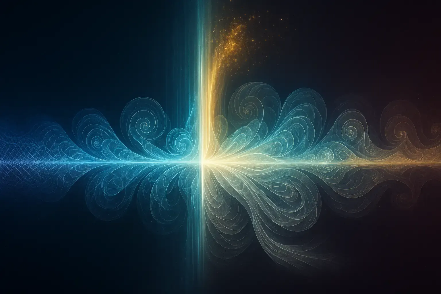 Radiating filaments of turquoise and gold light crossing at a bright centre