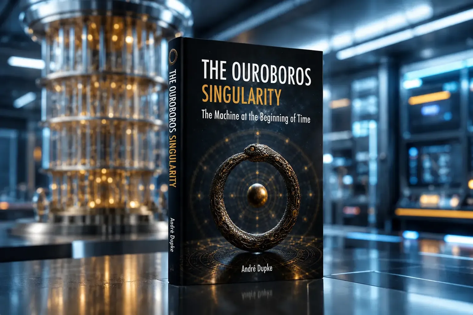 The book standing upright on a polished laboratory floor, a tall gold and glass quantum processor behind it