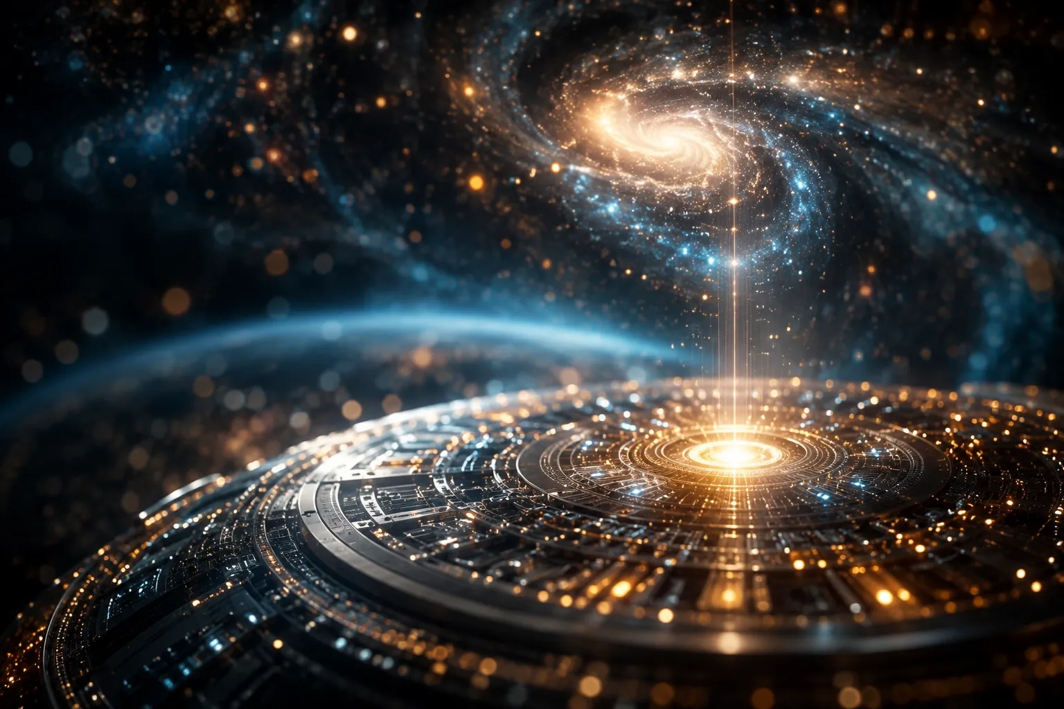 A vast luminous disc of circuitry beneath a spiral galaxy, a thread of light joining the two