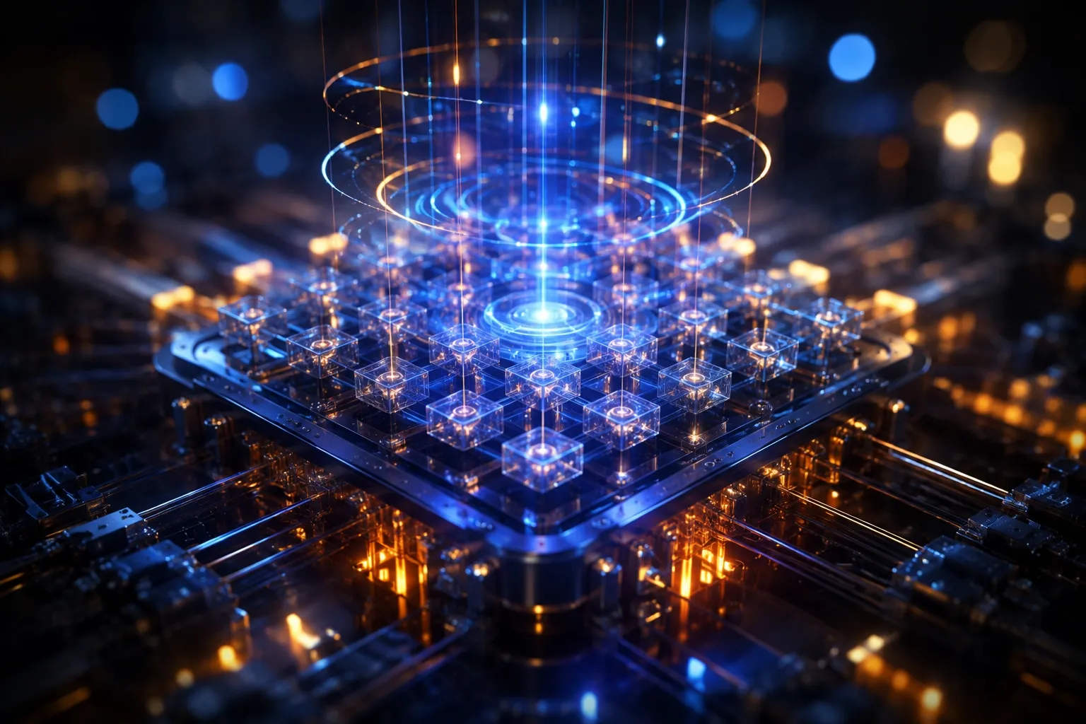 A quantum processor lattice under concentric rings of blue light