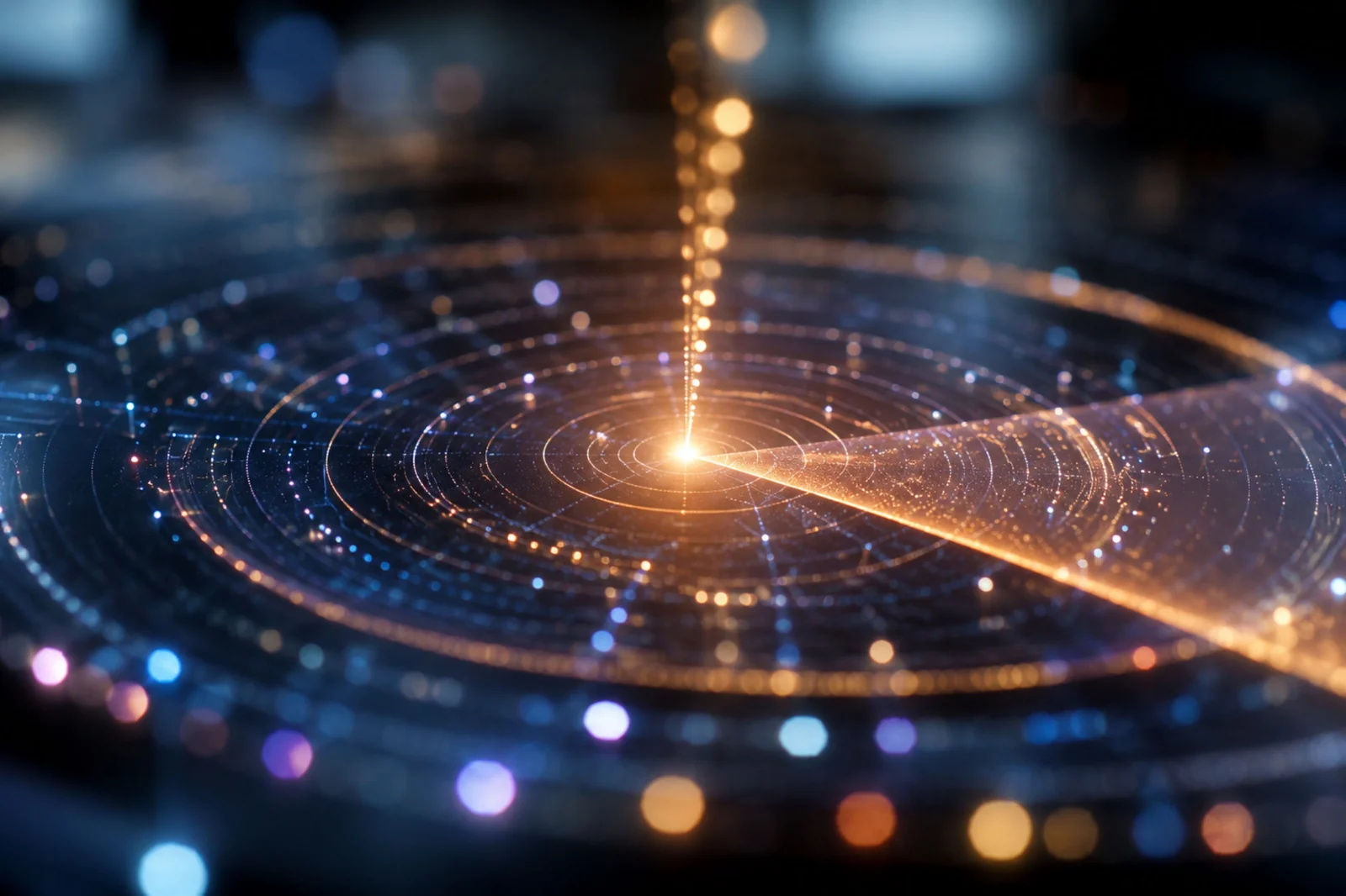 A disc of concentric rings of light, a bright core at its centre and a beam sweeping across it