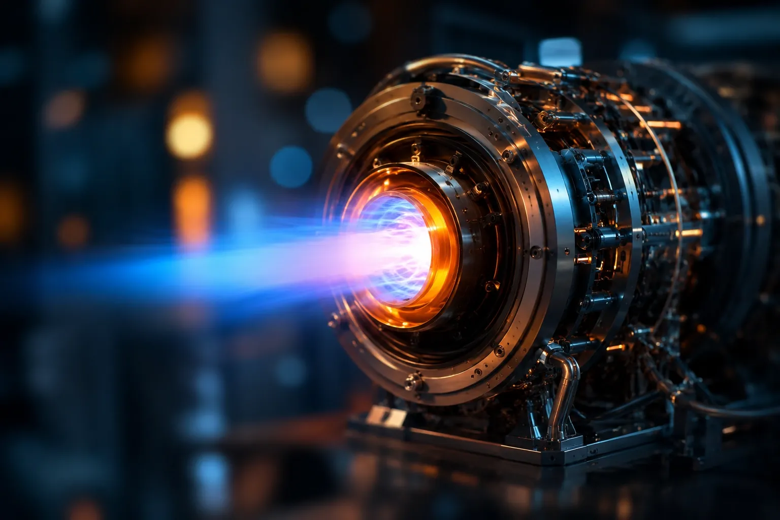 A polished engine nozzle firing a slender blue plume in a darkened test bay
