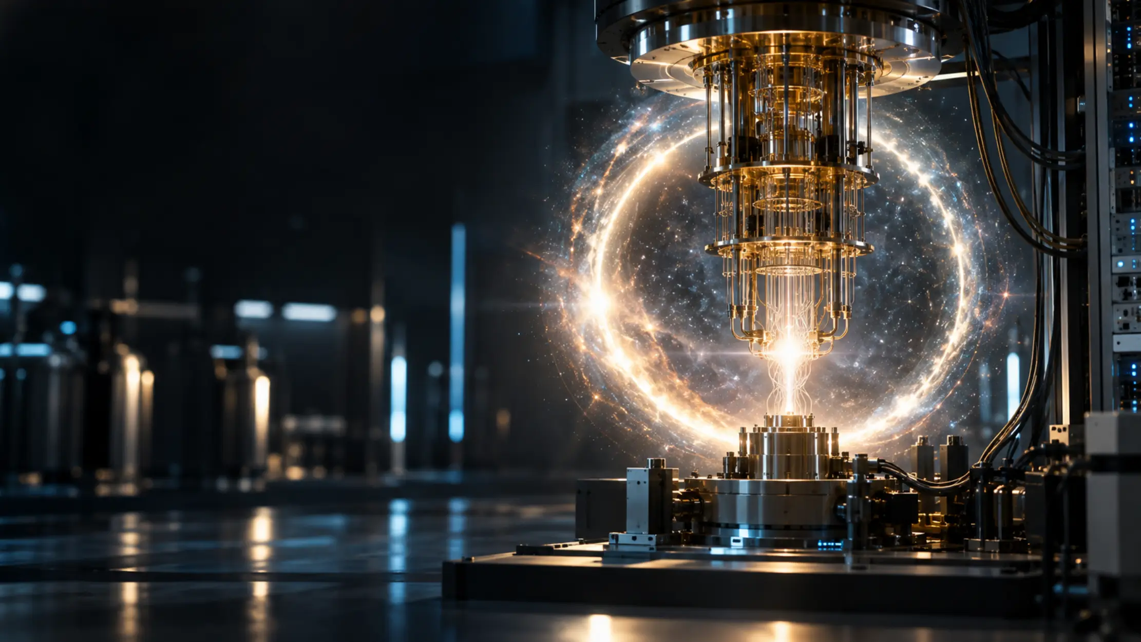 A gold and glass quantum processor suspended above its base in a dark laboratory, a luminous ring of stars and dust encircling the space between them and a thread of light joining the two