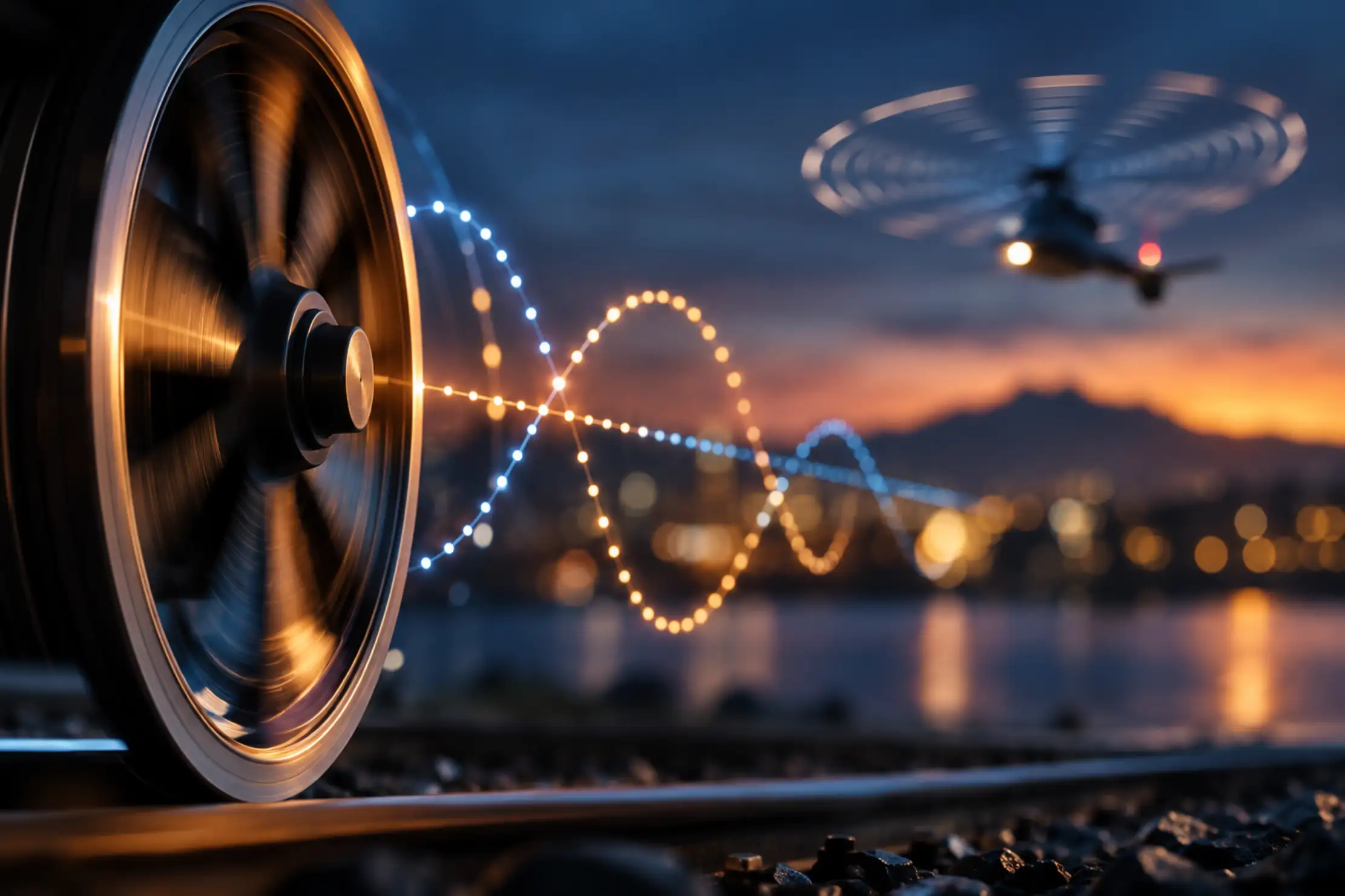 A spoked wheel blurred with motion on a rail at dusk, a sampled wave of light running from its hub toward a hovering helicopter whose rotor appears frozen into rings